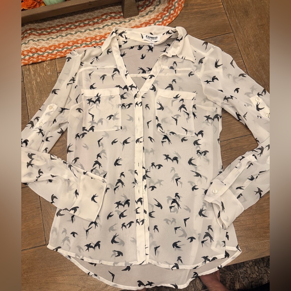 Express Sheer White Portofino Blouse with Black Bird Pattern - Picture 2 of 3